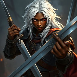 A Black young man with striking long white hair and intense dark red eyes, depicted as a powerful Dungeons & Dragons fighter