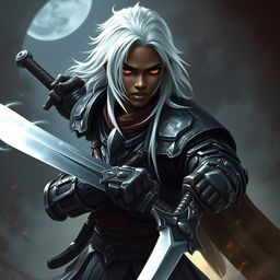 A Black young man with striking long white hair and intense dark red eyes, depicted as a powerful Dungeons & Dragons fighter