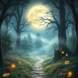 A magical novel cover depicting a luminous full moon casting a soft glow over a dense, enchanted forest