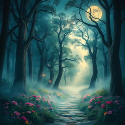 A magical novel cover depicting a luminous full moon casting a soft glow over a dense, enchanted forest