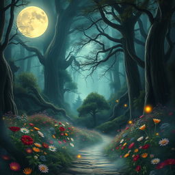 A magical novel cover depicting a luminous full moon casting a soft glow over a dense, enchanted forest