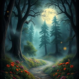 A magical novel cover depicting a luminous full moon casting a soft glow over a dense, enchanted forest