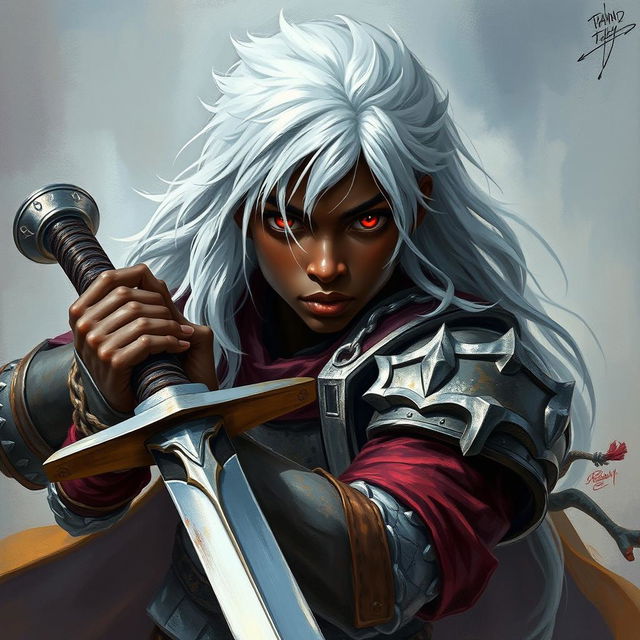 A Black young man with captivating long white hair and intense dark red eyes, depicted as a fierce fighter wielding dual swords