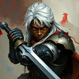 A Black young man with captivating long white hair and intense dark red eyes, depicted as a fierce fighter wielding dual swords