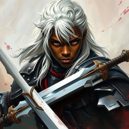 A Black young man with captivating long white hair and intense dark red eyes, depicted as a fierce fighter wielding dual swords