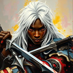 A Black young man with captivating long white hair and intense dark red eyes, depicted as a fierce fighter wielding dual swords