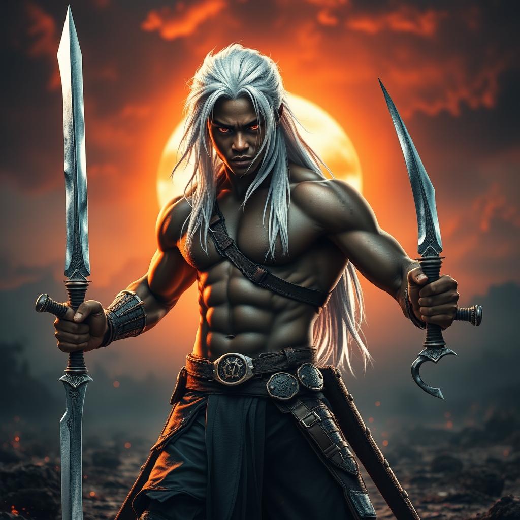 A powerful and dynamic black male young man, standing in a battle-ready pose