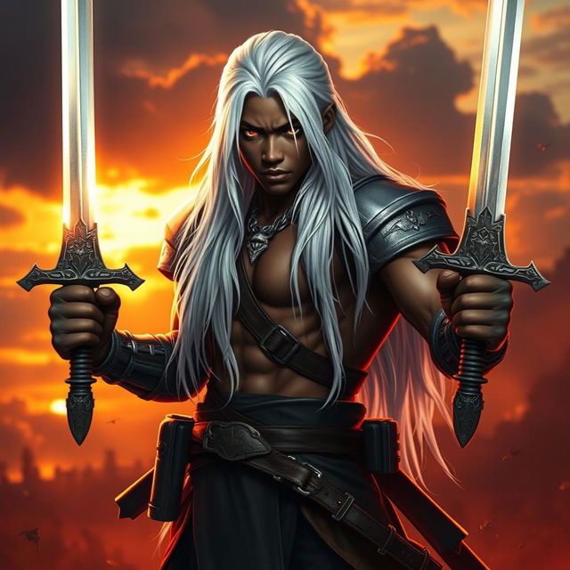 A powerful and dynamic black male young man, standing in a battle-ready pose