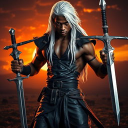 A powerful and dynamic black male young man, standing in a battle-ready pose