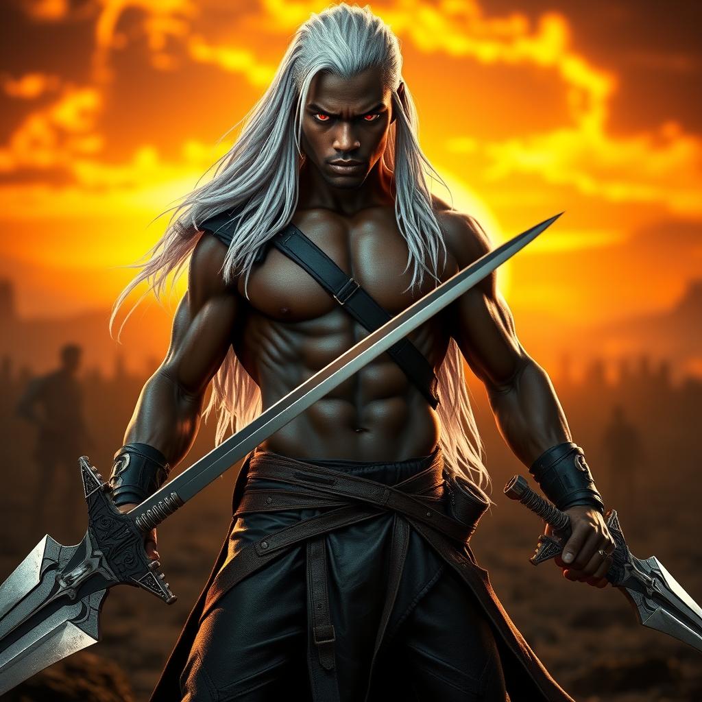 A powerful and dynamic black male young man, standing in a battle-ready pose