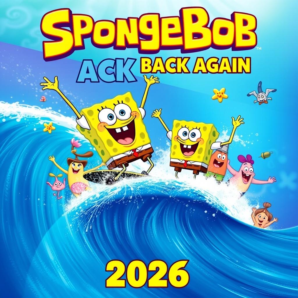 A colorful and exciting movie poster announcing the return of SpongeBob in 2026