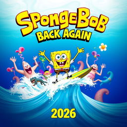 A colorful and exciting movie poster announcing the return of SpongeBob in 2026