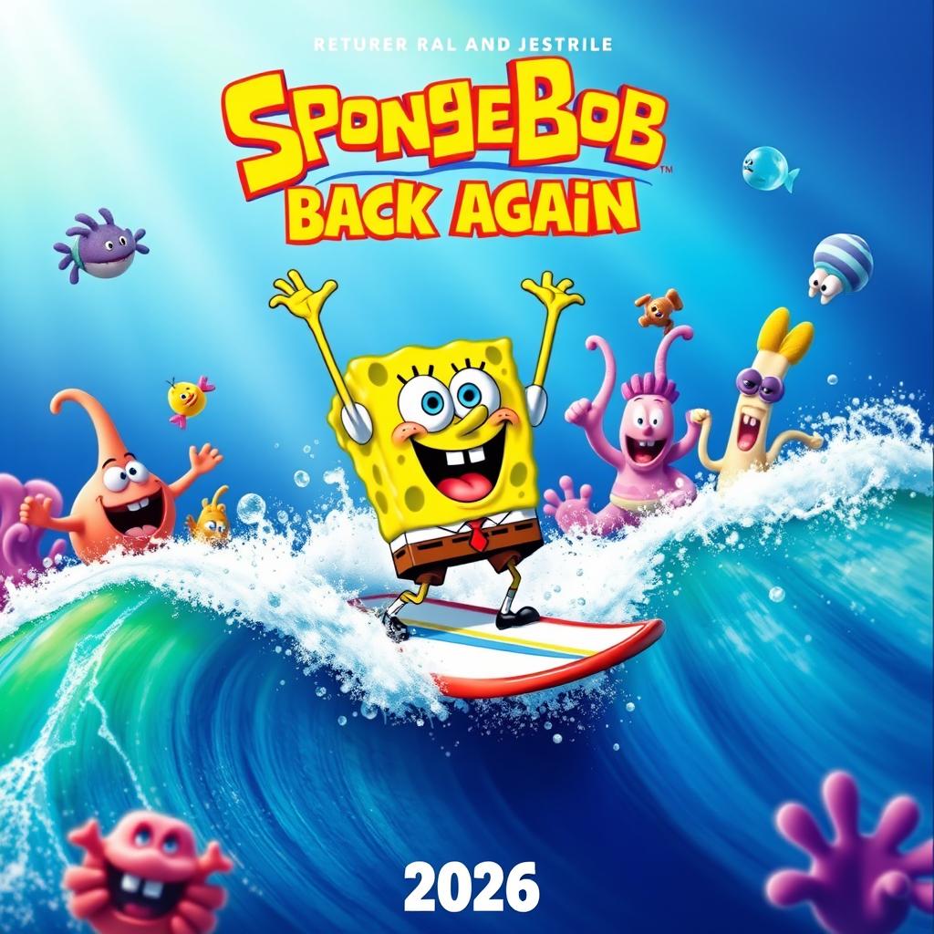 A colorful and exciting movie poster announcing the return of SpongeBob in 2026