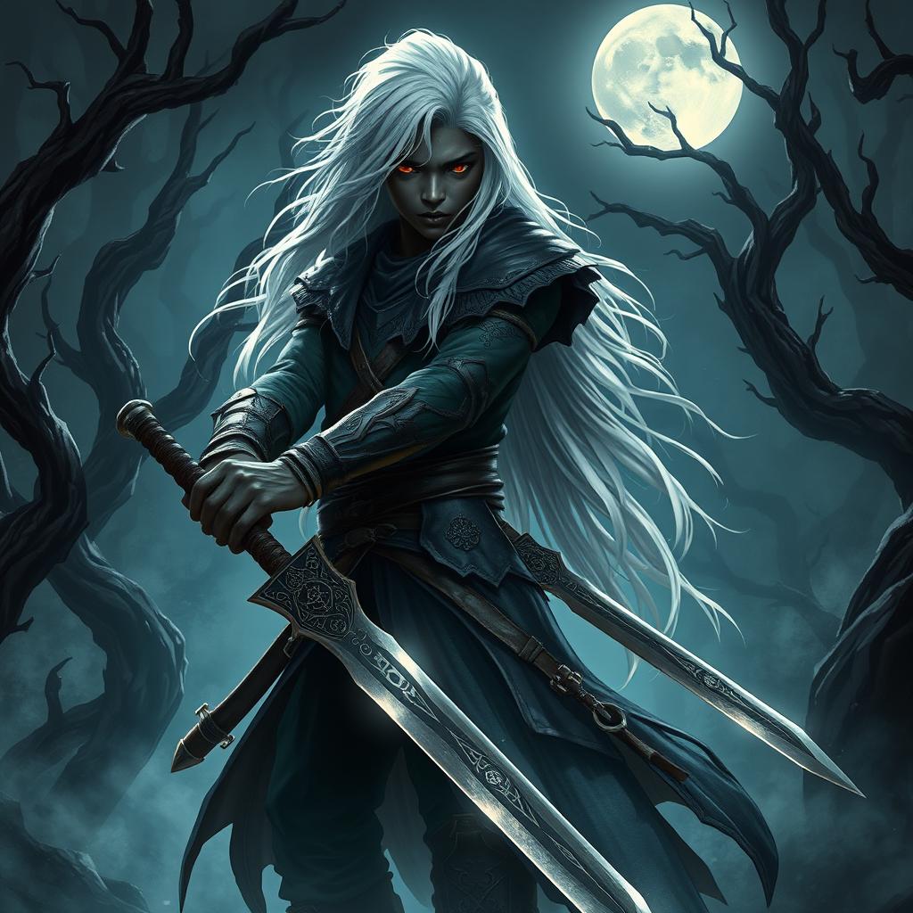 A dark fantasy scene featuring a young Black male warrior with long, flowing white hair and dark red eyes