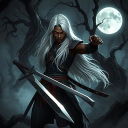 A dark fantasy scene featuring a young Black male warrior with long, flowing white hair and dark red eyes