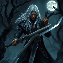 A dark fantasy scene featuring a young Black male warrior with long, flowing white hair and dark red eyes