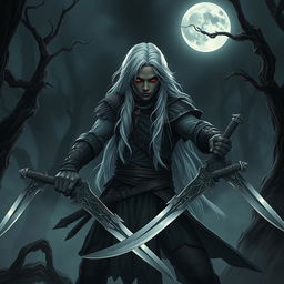 A dark fantasy scene featuring a young Black male warrior with long, flowing white hair and dark red eyes