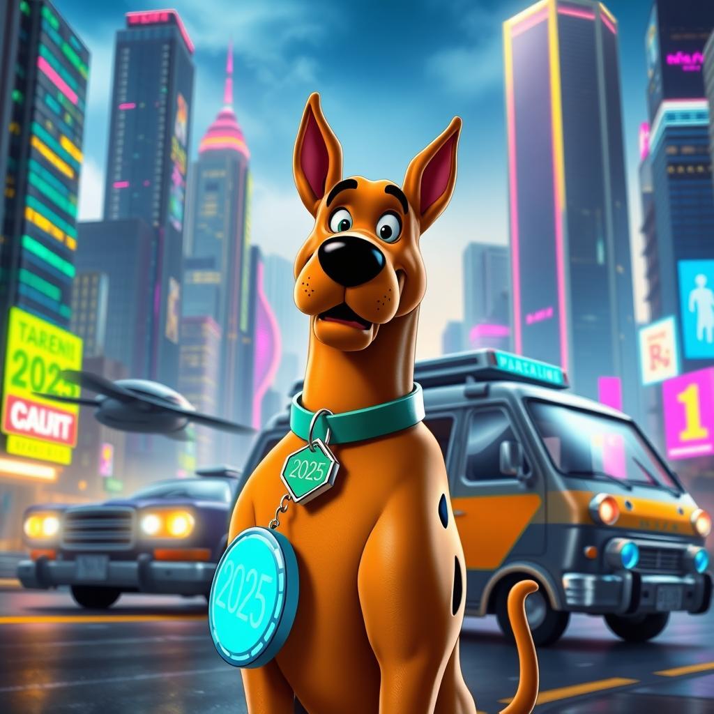 A futuristic and sleek version of Scooby-Doo standing proudly in a vibrant, technologically advanced cityscape of 2025