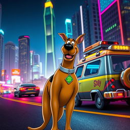 A futuristic and sleek version of Scooby-Doo standing proudly in a vibrant, technologically advanced cityscape of 2025