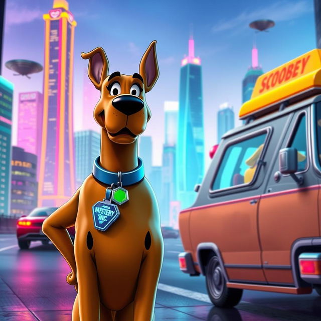 A futuristic and sleek version of Scooby-Doo standing proudly in a vibrant, technologically advanced cityscape of 2025