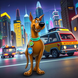 A futuristic and sleek version of Scooby-Doo standing proudly in a vibrant, technologically advanced cityscape of 2025