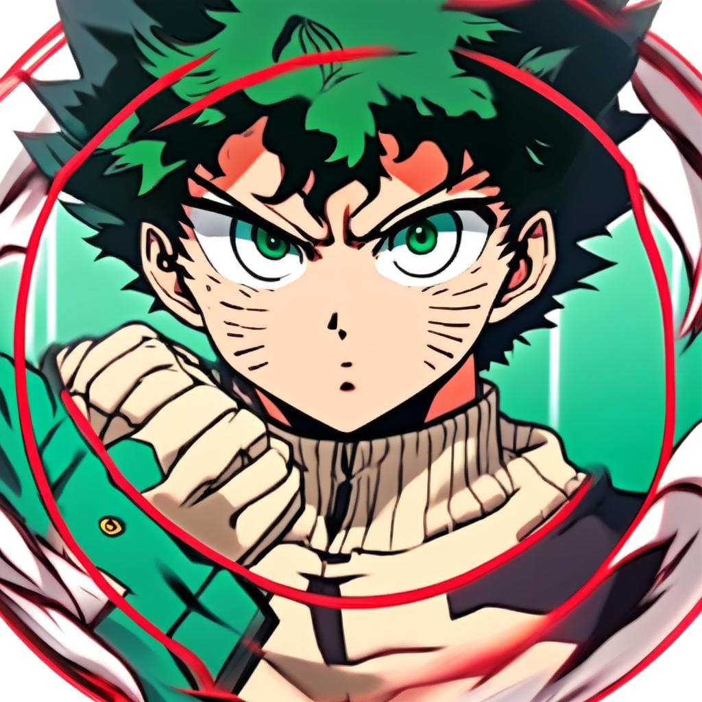 Intense anime-style profile picture of Izuku Midoriya, encased within a circular border.