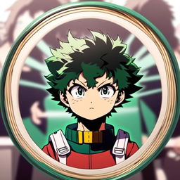 Intense anime-style profile picture of Izuku Midoriya, encased within a circular border.