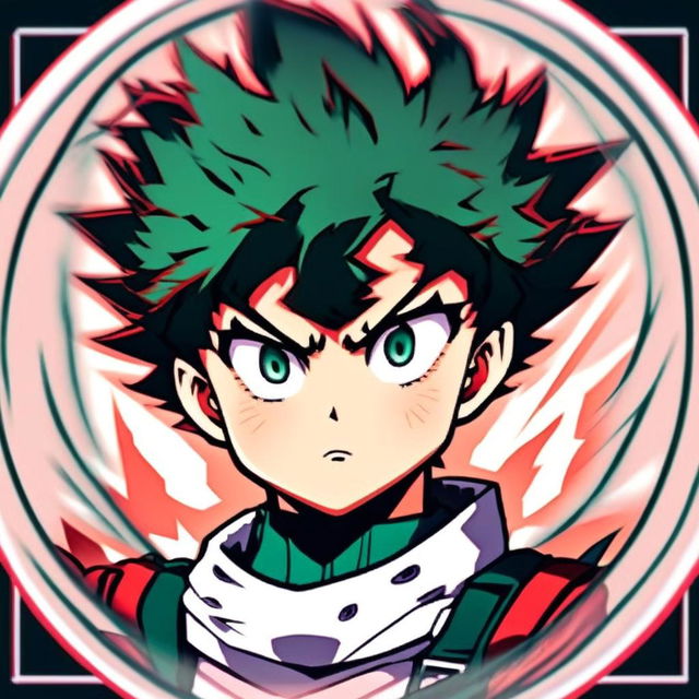 Intense anime-style profile picture of Izuku Midoriya, encased within a circular border.