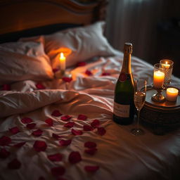 A sensual, romantic scene featuring a warmly lit bedroom, highlighting a beautifully composed bed with silky, luxurious sheets