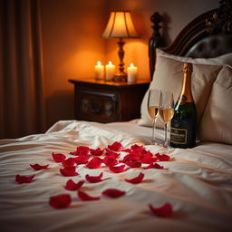 A sensual, romantic scene featuring a warmly lit bedroom, highlighting a beautifully composed bed with silky, luxurious sheets