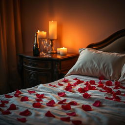 A sensual, romantic scene featuring a warmly lit bedroom, highlighting a beautifully composed bed with silky, luxurious sheets