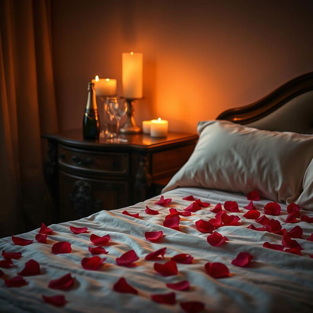 A sensual, romantic scene featuring a warmly lit bedroom, highlighting a beautifully composed bed with silky, luxurious sheets