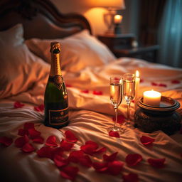 A sensual, romantic scene featuring a warmly lit bedroom, highlighting a beautifully composed bed with silky, luxurious sheets