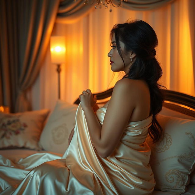 A sensual and intimate scene depicting an Asian couple in a beautifully decorated room, enveloped in soft, ambient lighting that highlights their graceful forms