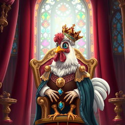 Illustration of a chicken wearing royal clothing, with an elaborate crown on its head