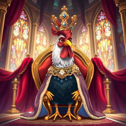 Illustration of a chicken wearing royal clothing, with an elaborate crown on its head