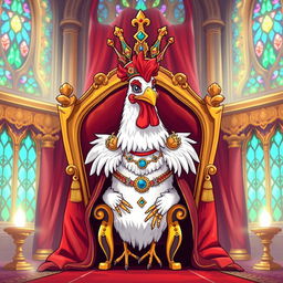 Illustration of a chicken wearing royal clothing, with an elaborate crown on its head