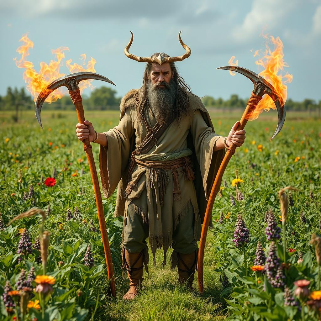 A powerful image of a human druid, embodying the essence of both a farmer and a mystical practitioner