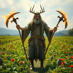 A powerful image of a human druid, embodying the essence of both a farmer and a mystical practitioner