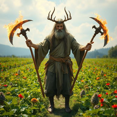 A powerful image of a human druid, embodying the essence of both a farmer and a mystical practitioner