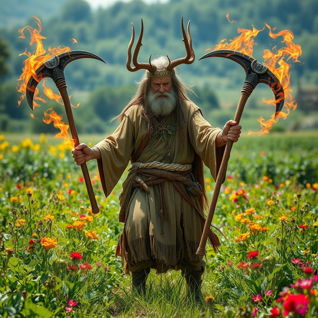 A powerful image of a human druid, embodying the essence of both a farmer and a mystical practitioner