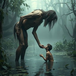 A tall, emaciated giant with long hair and a beard stands in a swamp