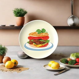 Create a captivating avatar featuring a delicious looking plate of gourmet food against a soft, subtly textured background that harmoniously blends into a hint of a bustling kitchen. Ensure the avatar conveys an engaging, foodie vibe.