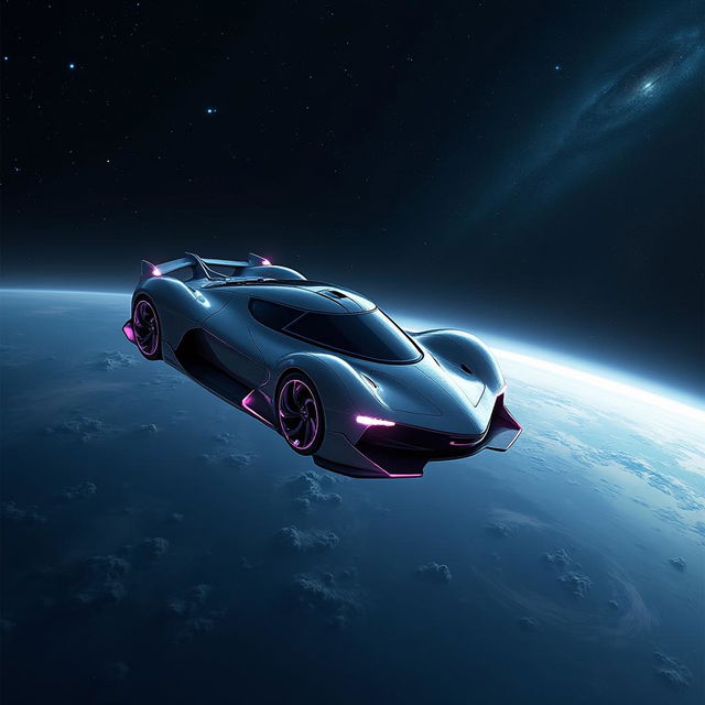 A futuristic flying car soaring through the vastness of space, with the Earth's blue and white swirls visible in the background