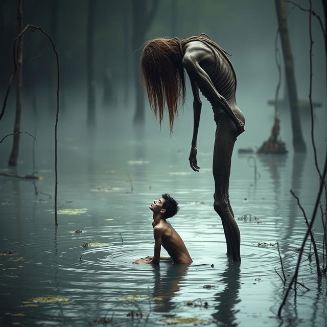 A tall, emaciated giant with long hair and a beard stands in a swamp