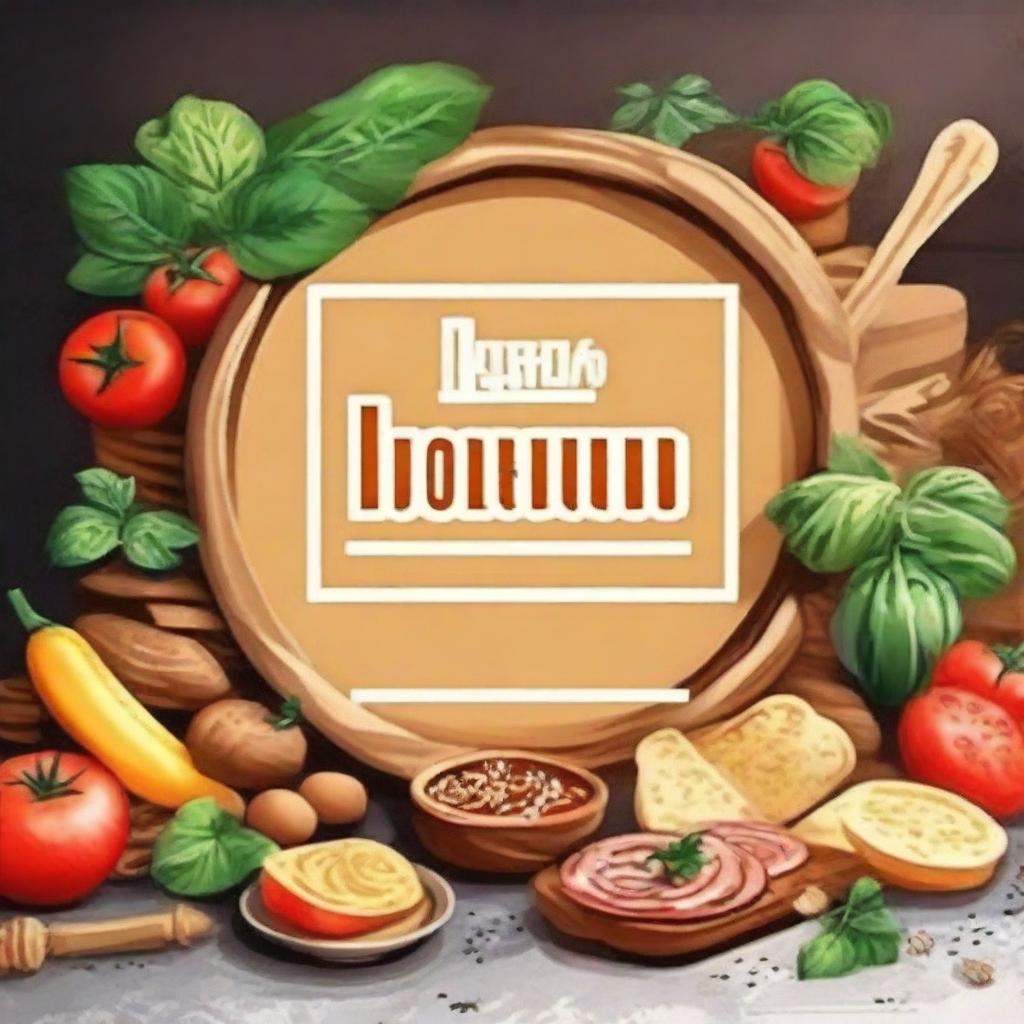 Create an enticing avatar featuring a feast for the eyes of gourmet food with a tastefully integrated text saying 'Волшебство Вкуса'. The background should subtly hint at a lively kitchen, embodying a gastronomic adventure.