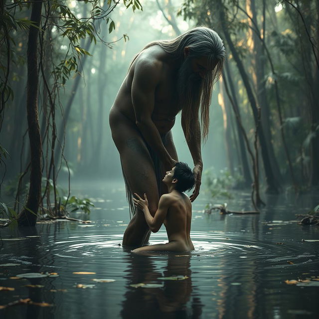 A surreal scene in a swamp featuring a tall, nude, emaciated giant with a long beard and hair