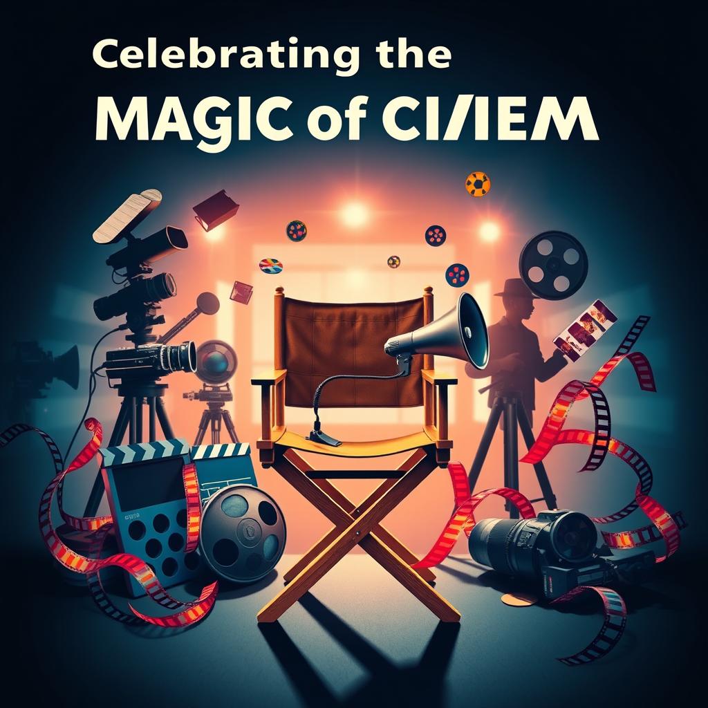 A vibrant and dynamic poster emphasizing the art of filmmaking, featuring a collage of film equipment like cameras, clapperboards, and film reels, intertwined with colorful film strips