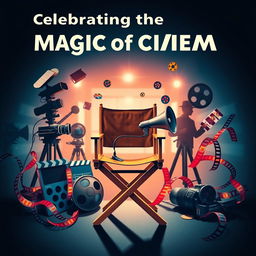 A vibrant and dynamic poster emphasizing the art of filmmaking, featuring a collage of film equipment like cameras, clapperboards, and film reels, intertwined with colorful film strips