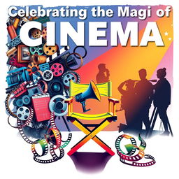 A vibrant and dynamic poster emphasizing the art of filmmaking, featuring a collage of film equipment like cameras, clapperboards, and film reels, intertwined with colorful film strips